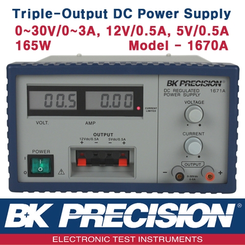 B&K PRECISION 1670A, 30V/3A(가변), 12V/0.5A(고정), 5V/0.5V(고정), Triple OutputDC Power Supply, 3채널 DC 전원공급기, B&K 1670A