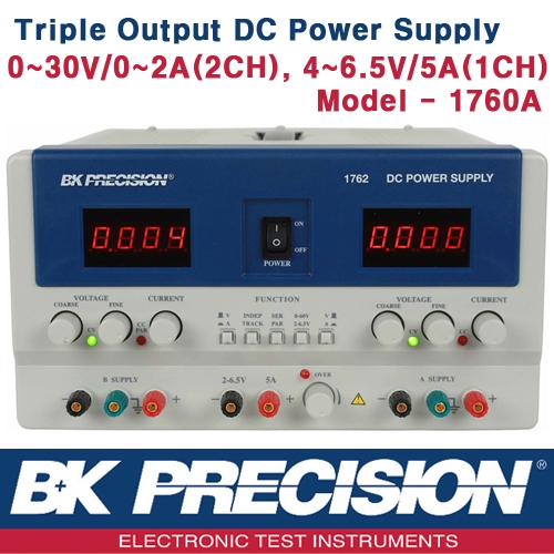B&K PRECISION 1760A, 30V/2Ax 2채널(가변), 6.5V/5A x 1채널(가변), Triple OutputDC Power Supply, 3채널 DC 전원공급기, B&K 1760A